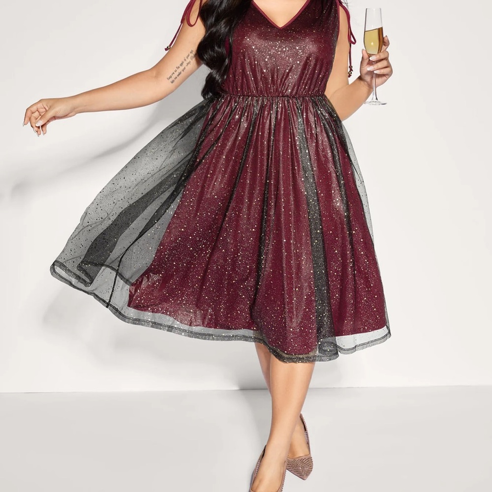 BloomChic Burgundy and Black Glitter Midi Dress